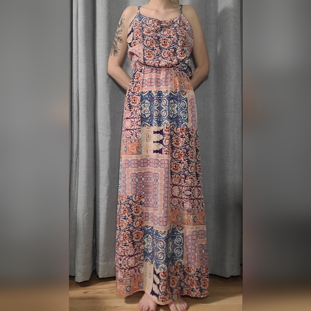 Long cinch waist colorful dress